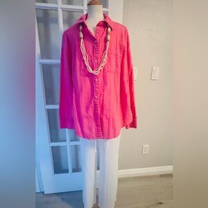 Bright Pink Button-Up Shirt with Necklace